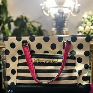 Betsey Johnson Polka Dot and Stripe Tote Bag - Black and Pink